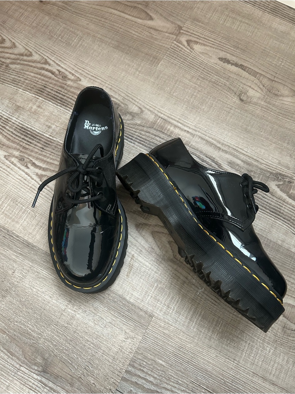Dr. Martens Black Patent 3-Eye Oxblood-Style Lug Shoe with Yellow Stitching - Picture 2 of 5